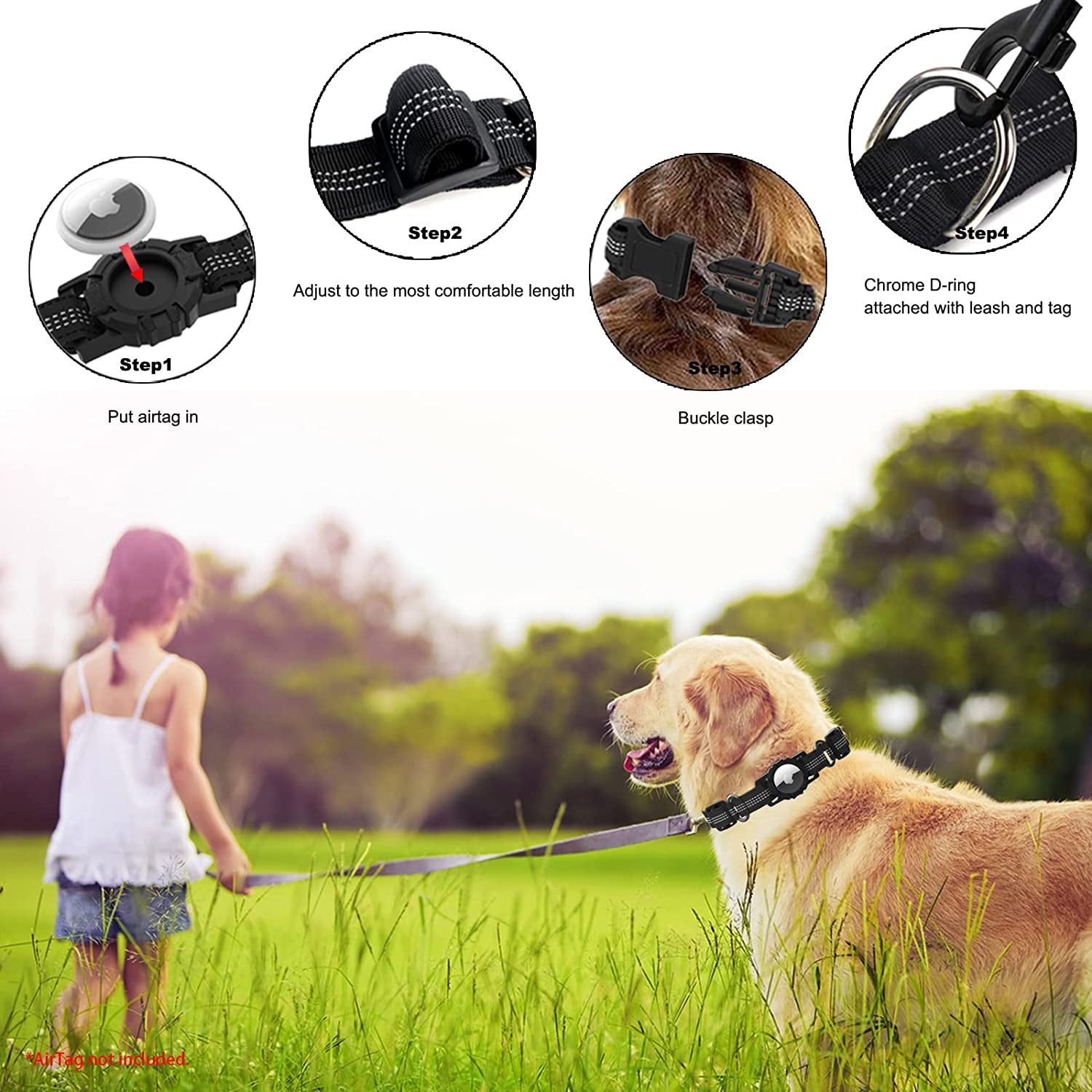 Apple Airtag Heavy Duty Dog Collar with Airtag Holder Case, Adjustable for Medium Large Dogs